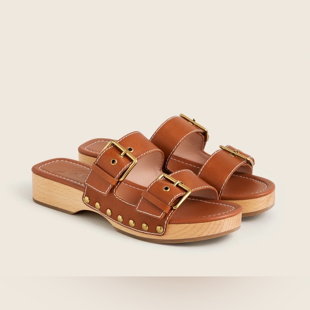 J. Crew- Leather Double Buckle-Strap Sandals in Color Rich Oak. Size 10.5